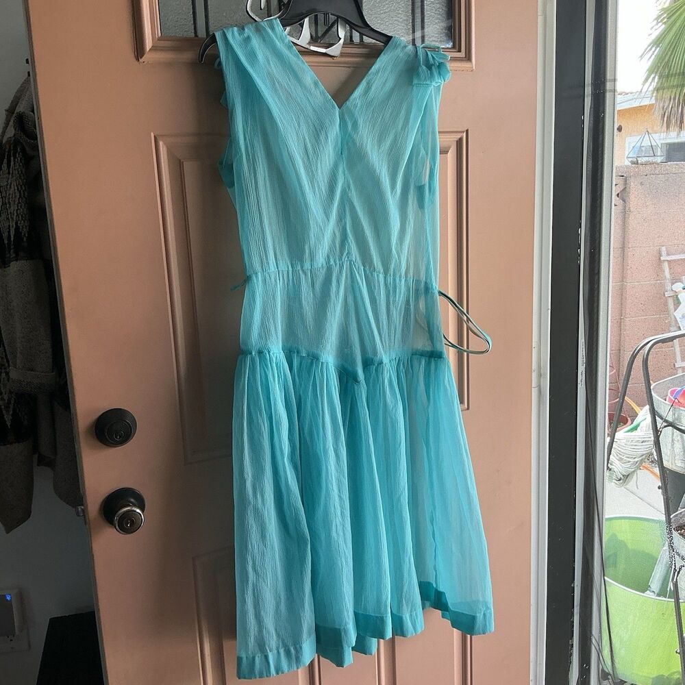 Vintage 1950’s Whimsical Teal Lace Chiffon Dress W Belt Handmade Fairy Like - Picture 1 of 8